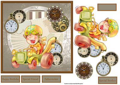 Racing Through Time Card with Decoupage and Sentiment Tags