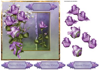 Purple Roses Card with Decoupage and Sentiment Tags