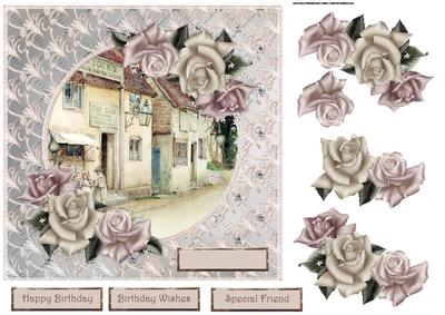 Vintage Pub Card with Rose Decoupage