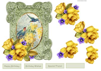 Birds and Yellow Roses Card with Decoupage