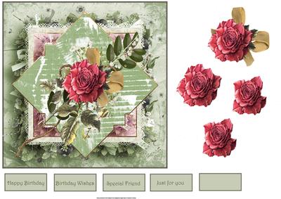 Red Rose Card with Decoupage and Sentiment Tags