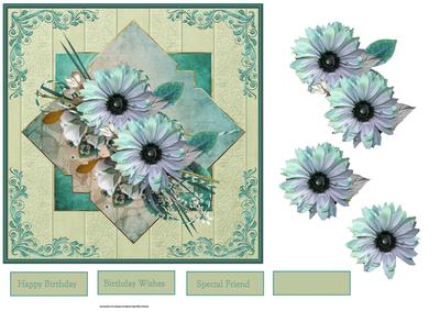 Diamond Blue Daisy Card with Decoupage and Sentiment Tags