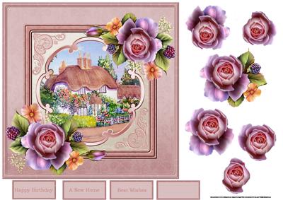Thatched Cottage and Roses 7x7 Card and Decoupage