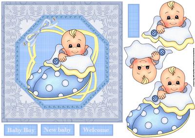 New Baby Boy in a Slipper Bed 7x7 Card with Decoupage