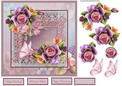 English Rose and Butterfly 7x7 Card with Decoupage