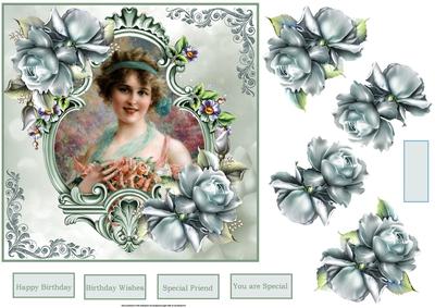 Vintage Lady Holding Roses 7x7 Card with Decoupage