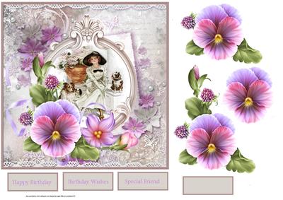Lady and Her Dogs 7x7 Card with Pansy Decoupage