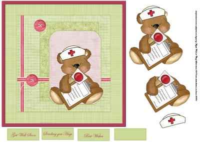 Teddy Bear Nurse in Action 7x7 Card with Decoupage