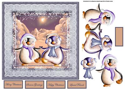 Penguins Christmas Dance 7x7 Card with Decoupage