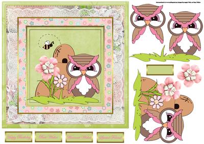 Spring Hoots and Bees 7x7 Card with Decoupage