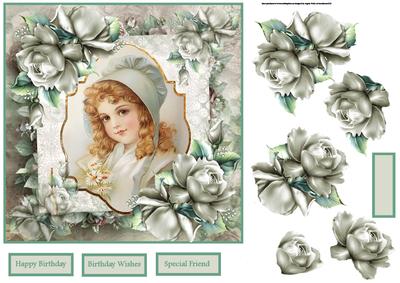 Vintage Girl with Roses 7x7 Card with Decoupage