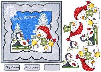 Penguin Sledging with the Snowman 7x7 Card with Decoupage