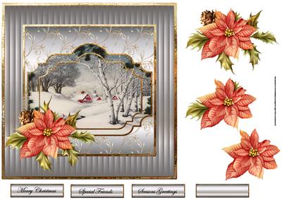 Vintage Christmas and Poinsettias 7x7 Card with Decoupage