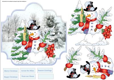 Snowman with His Tree and Candles Shaped Card