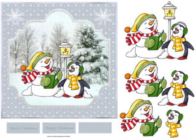 Snowman and Penguin Carol Singers 7x7 Card