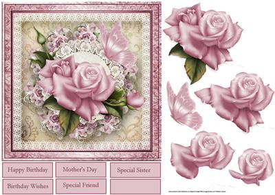 Pink Rose and Butterfly 7x7 Card with Decoupage