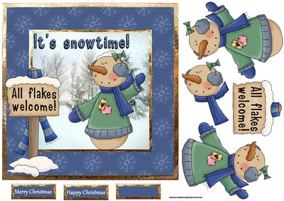 Snowtime 7x7 Card with Decoupage and Sentiment Tags