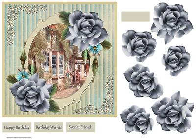 Blue Rose and Vintage Village with Decoupage