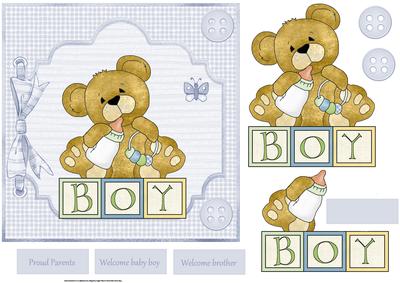 Baby Boy Teddybear 7x7 Card with Decoupage