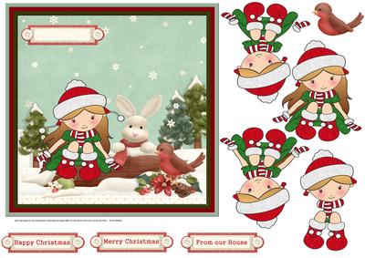 Snowgirl with Rabbit Friend 7x7 Card and Decoupage