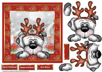 Lou the Pup with Reindeer Head Band 7x7 Card
