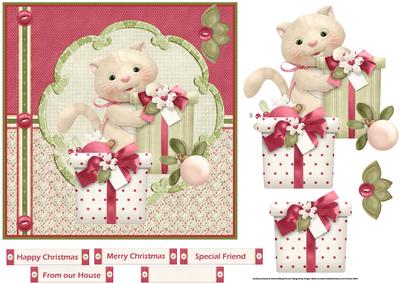 Kittens Baubles and Gifts 7x7 Card with Decoupage