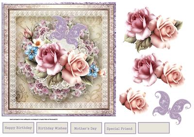 Rose Lace and Butterfly 7x7 Card with Decoupage
