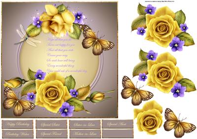 Yellow Rose and Butterfly 7x7 Card with Decoupage