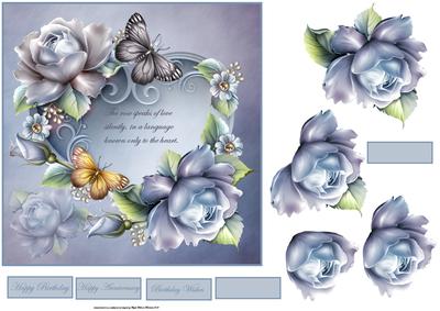Blue Rose, Butterfly and Heart 7x7 Card with Decoupage