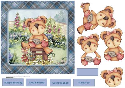 Garden Teddy 7x7 Card with Decoupage