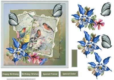 Flowers, Birds and Butterly 7x7 Card with Decoupage