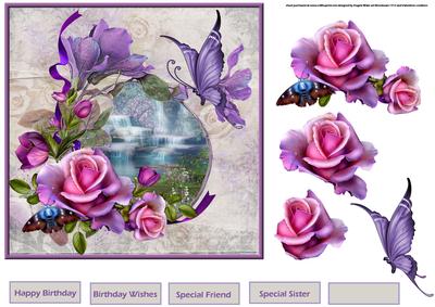 Waterfall, Rose and Butterfly 7x7 Card with Decoupage