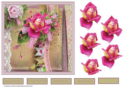 Pink Tea Rose 7x7 Card with Decoupage and Sentiment Tags