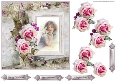 Pink Rose and Vintage Beauty 7x7 Card with Decoupage