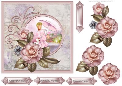 Camelia and a Lady 7x7 Card with Decoupage