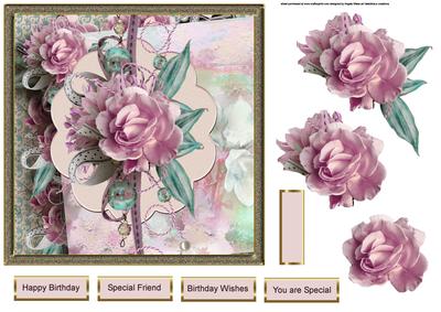 Pink Rose 7x7 Card with Decoupage and Sentiment Tags