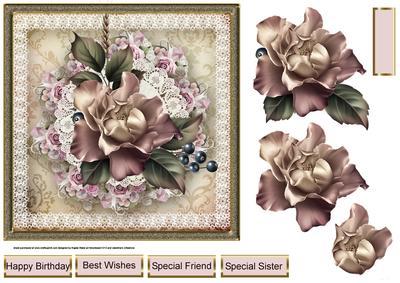Rose Dusk 7x7 Card with Decoupage and Sentiment Tags