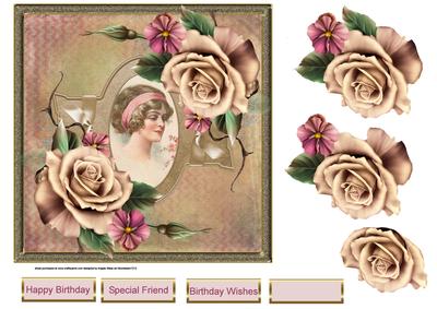 A Vintage Rose 7x7 Card with Decoupage and Sentiment Tags
