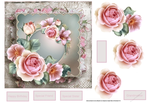 pink rose 7x7 card with decoupage
