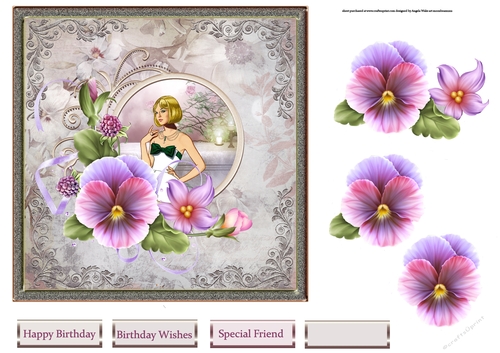 Pansy and lady 7x7 card with decoupage