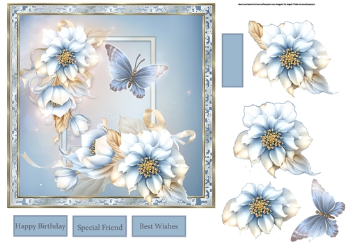 Blue flower 7x7 card with decoupage and sentiment tags