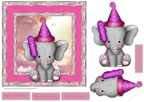 Elephant girl birthday 7x7 card approx with decoupage