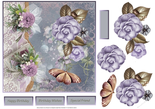 Lilac camelias 7x7 card with decoupage and sentiment tags