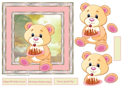 Teddy bears birthday 7x7 card with decoupage and sentiment tags