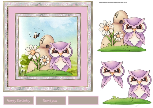 Spring hoots 7x7 card with decoupage and sentiment tags