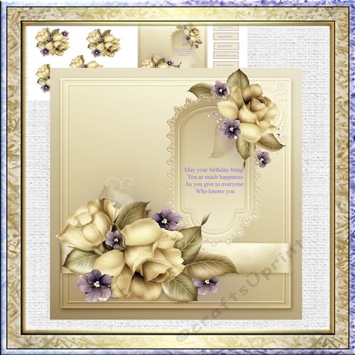 Cream rose 7.5x 7.5 card with decoupage, verse and sentiment tags