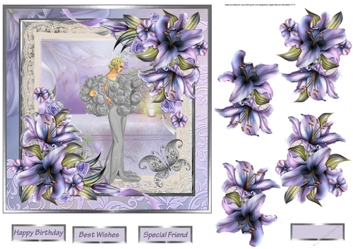Lady and the lilies 7x7 card with decoupage