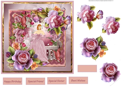Lady in the rose garden 7x7 card with decoupage