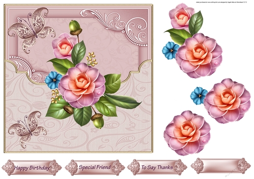 Camelia and butterfly 7x7 card with decoupage
