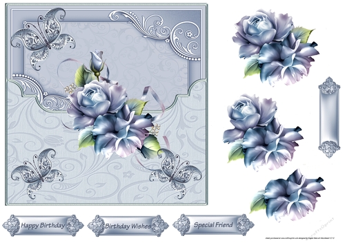 Blue iced rose 7x7 card with decoupage